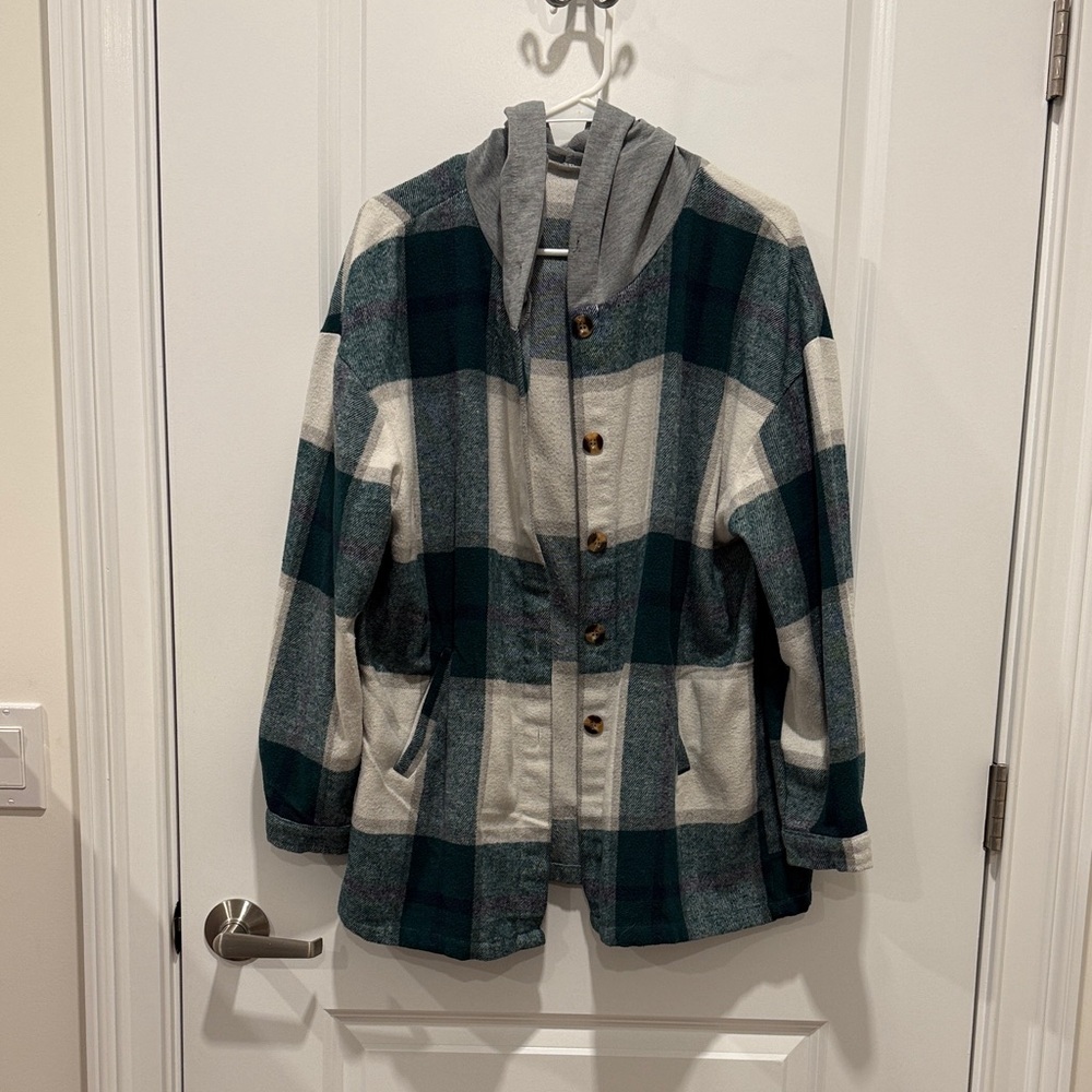 Plaid Hooded Jacket with Button Closure